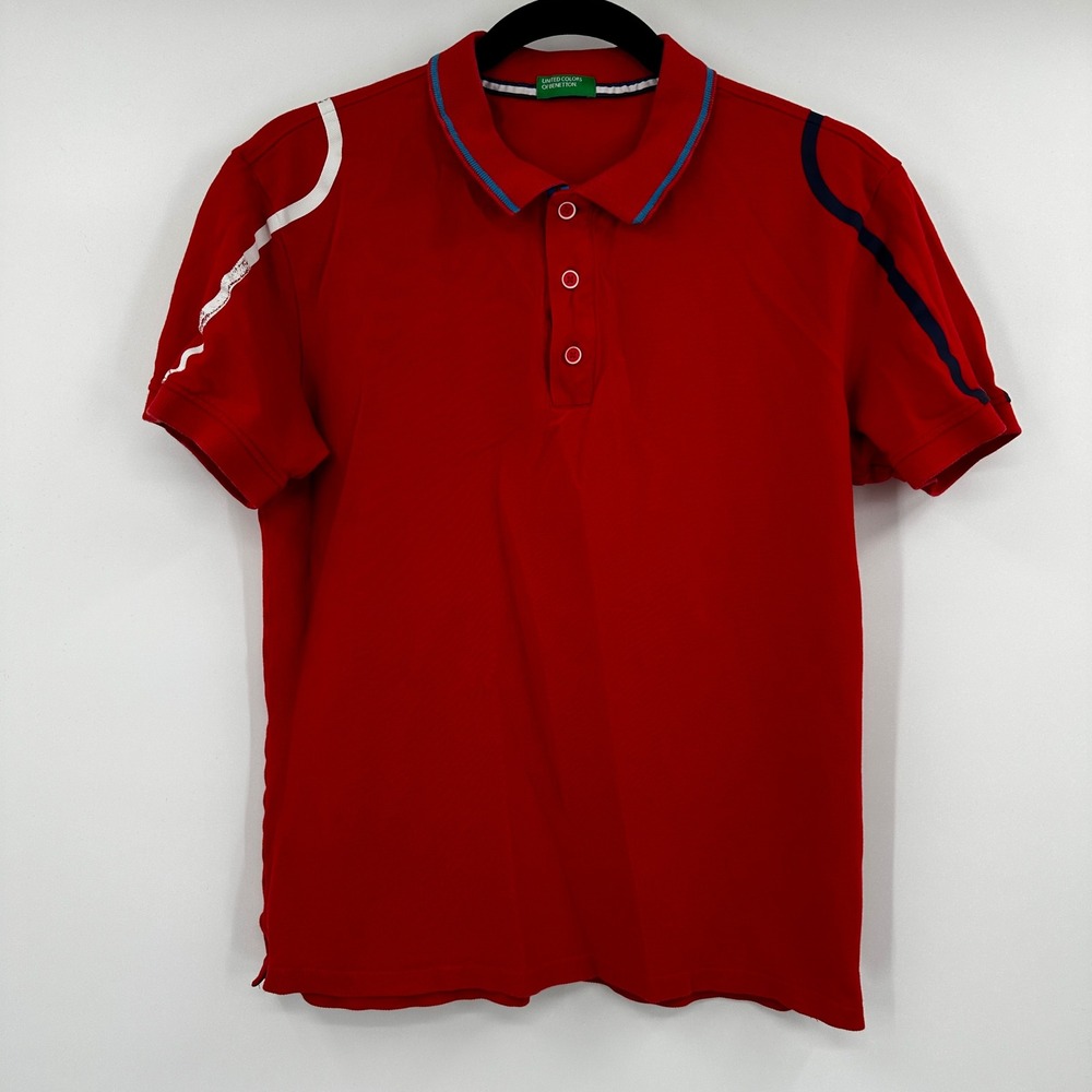 United Colors of Benetton‎ Mens Red Cotton Pique Polo Shirt Blue White Stripe M